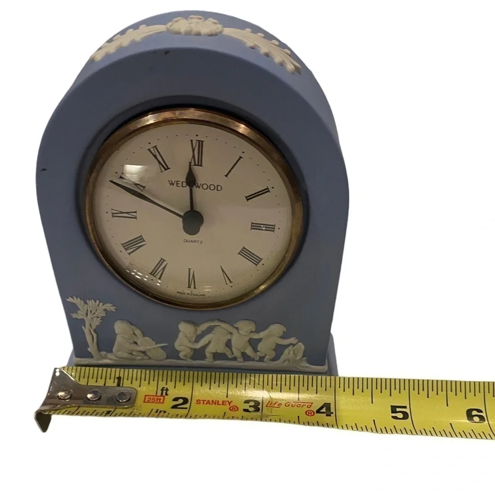 Wedgwood Portland Blue Jasperware Dome Mantel Clock with Cherubs Roman Numerals